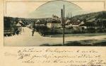 Obřanský most s komínem přádelny v pozadí. Pohled na sever (r. 1905).